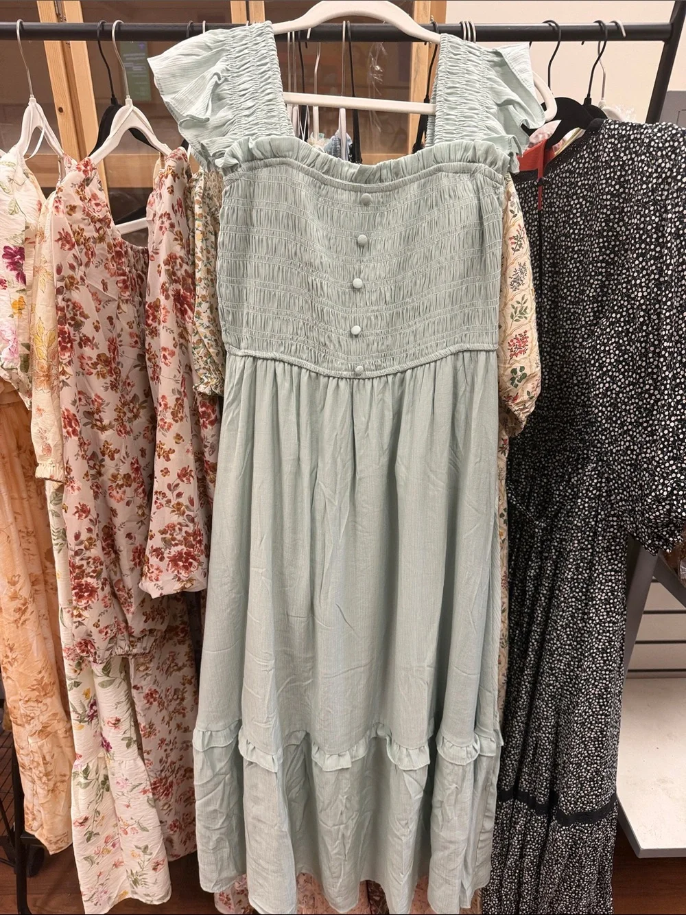 Blu Pepper Sage Green Smocked Ruffled Midi Dress - Picture 1 of 2